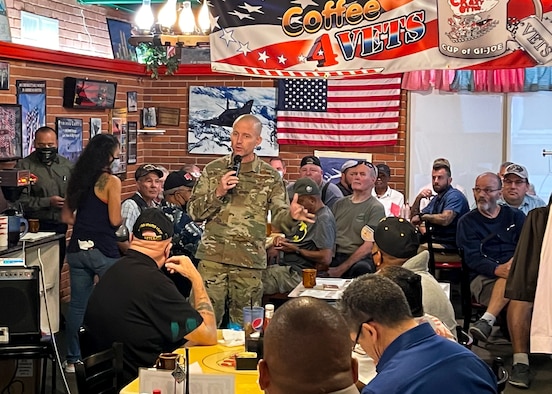 412th Test Wing commander, Brig. Gen. Matthew Higer, addresses local Veterans at a Coffe4Vets breakfast at a local diner in Lancaster, California, Aug. 31. (Air Force photo by Danny Bazzell)