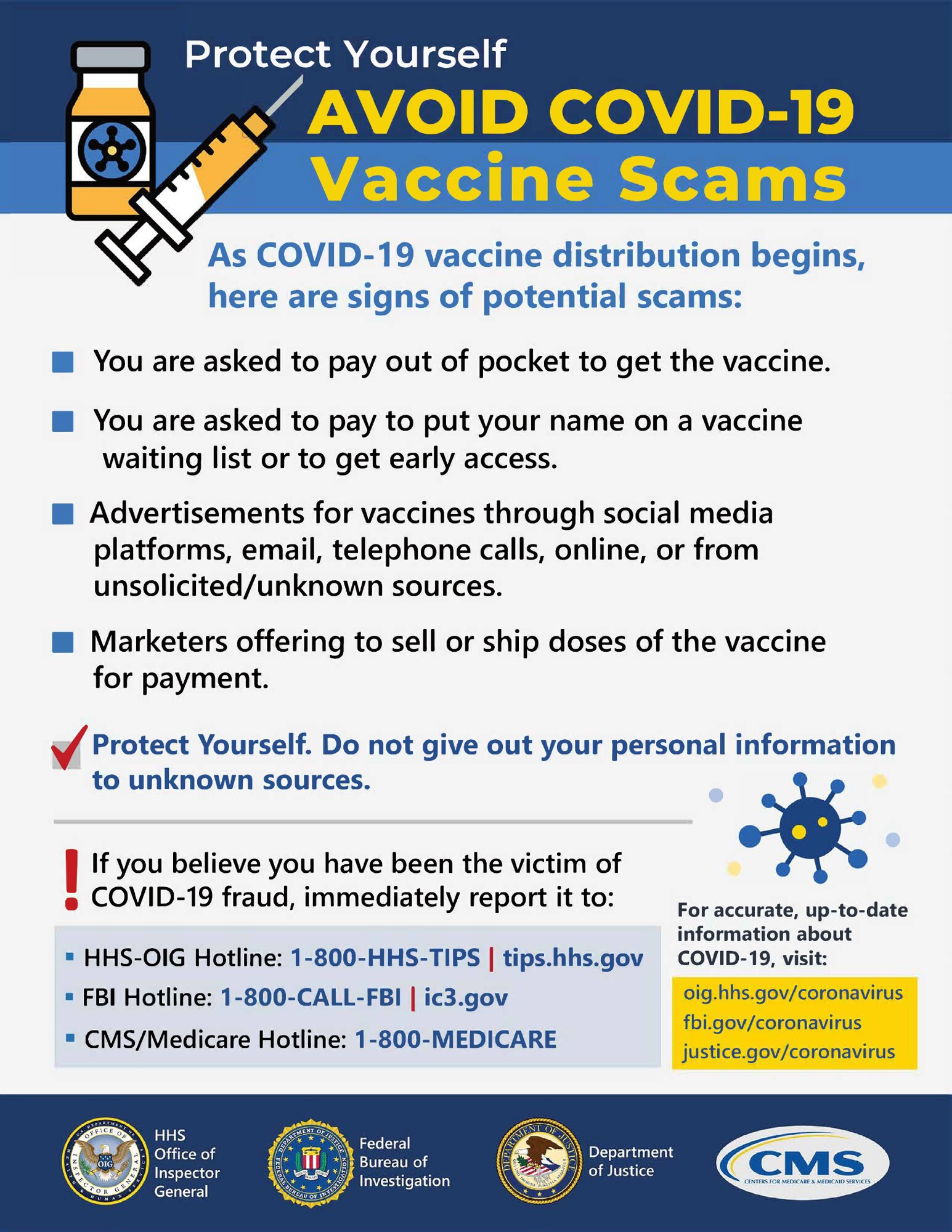 If you suspect COVID-19 health care fraud, report it immediately online or call 800-HHS-TIPS (800-447-8477).