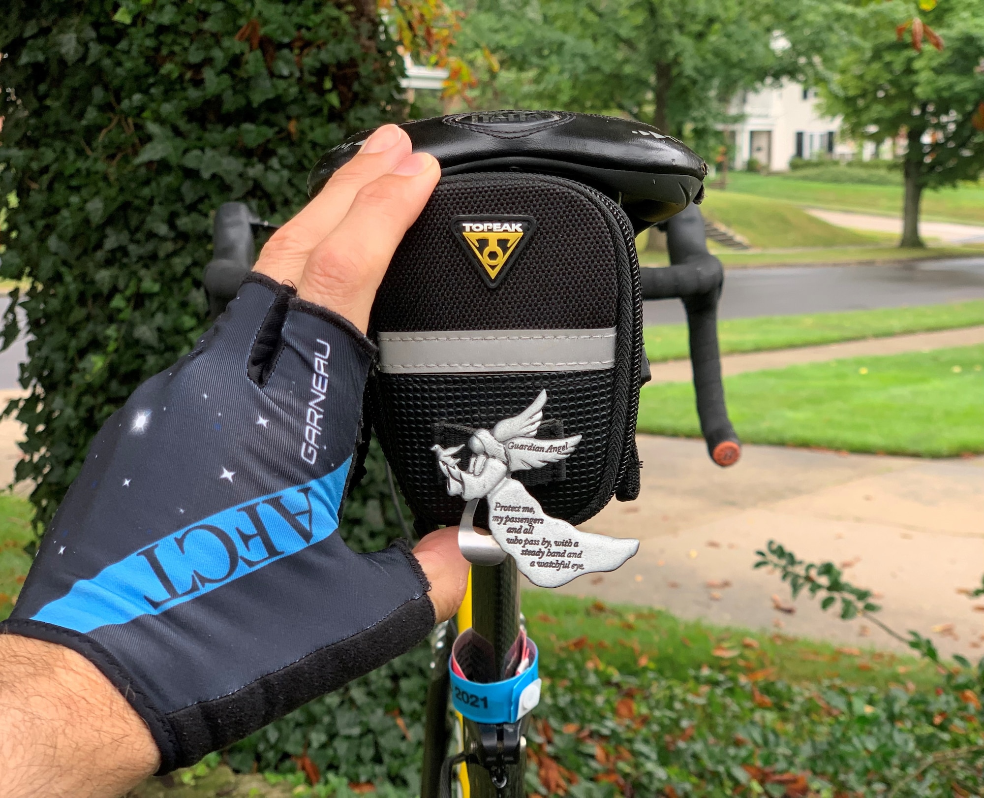 A 'guardian angel' clip that Brig. Gen. Jason Lindsey, received from a local resident at a rest stop in Aurelia, Iowa, during RAGBRAI, an annual bicycle ride across the State of Iowa.