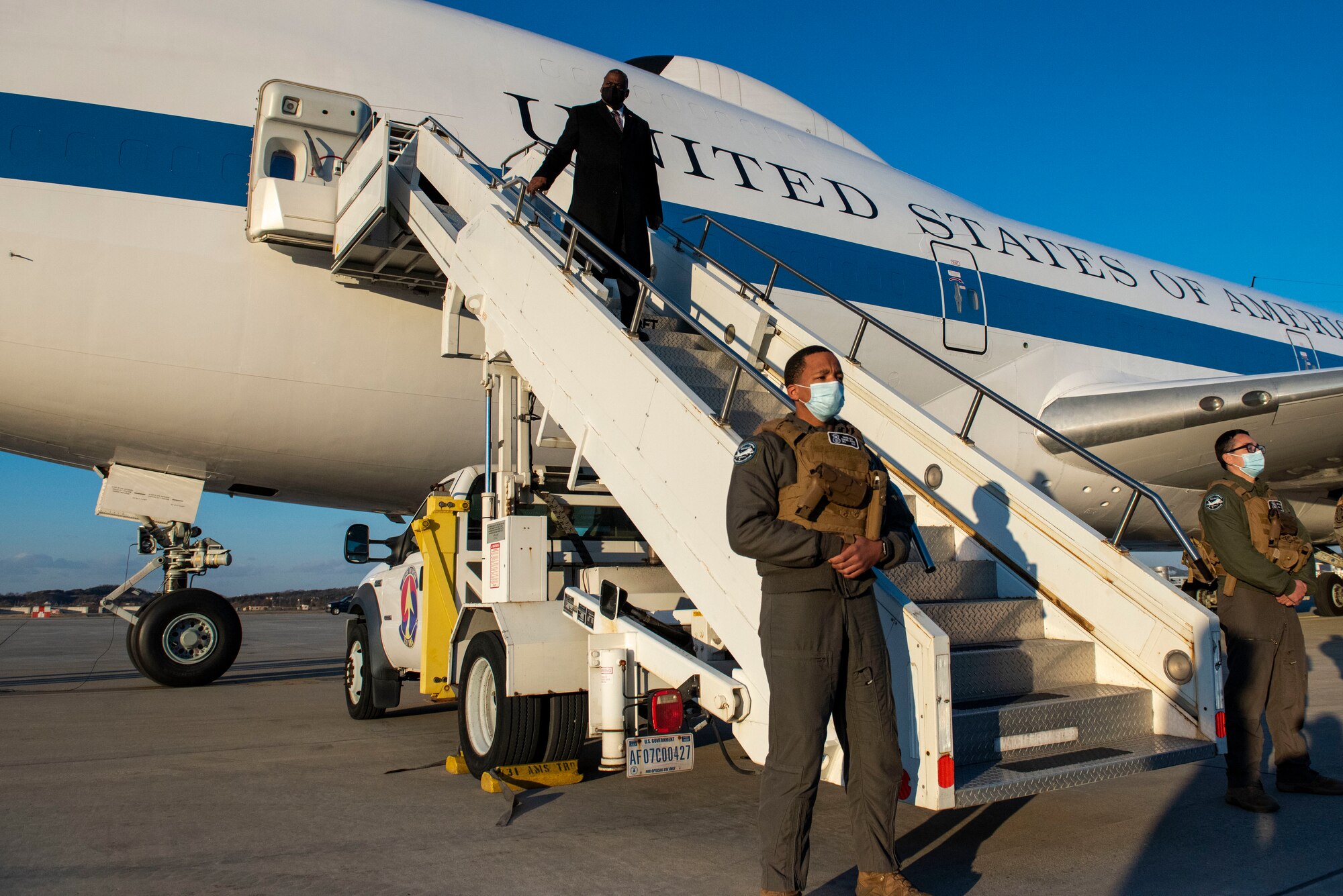 Lloyd J. Austin III, United States Secretary of Defense, arrives at Osan Air Base