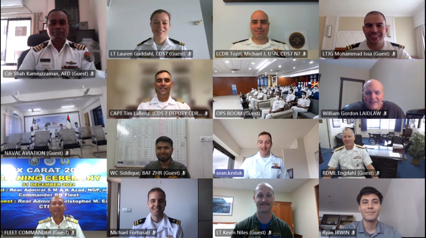 211201-N-YQ414-325 DHAKA, Bangladesh (Dec. 1, 2021) – Personnel from the U.S and Bangladesh kicked off Cooperation Afloat and Readiness at Sea Training (CARAT) Bangladesh 2021 during a virtual opening ceremony, Dec. 1. In its 27th year, the CARAT series is comprised of multinational exercises, designed to enhance U.S. and partner navies’ abilities to operate together in response to traditional and non-traditional maritime security challenges in the Indo-Pacific region. (U.S. Navy courtesy photo)