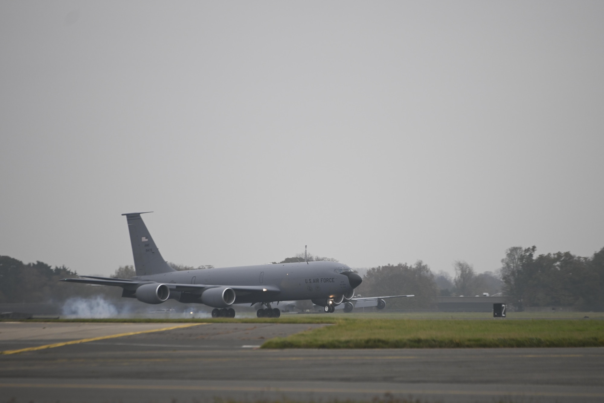 A U.S. Air Force KC-135 Stratotanker aircraft of variant Block 45 lands at Royal Air Force Mildenhall, England, Nov. 24, 2021. The 100th Air Refueling Wing is the last active-duty unit in the U.S. Air Force to receive the Block 45 variant of KC-135. (U.S. Air Force photo by Senior Airman Joseph Barron)