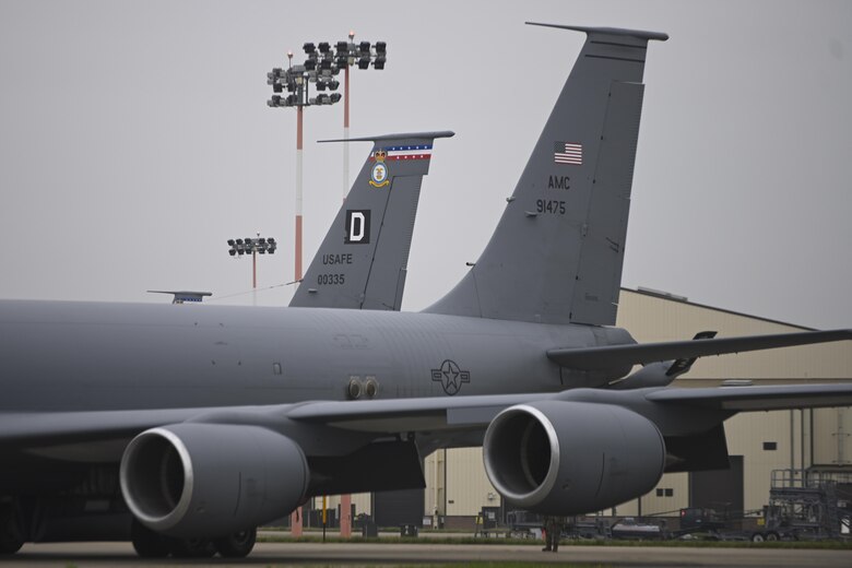 A Block 45 variant of a U.S. Air Force KC-135 Stratotanker aircraft sits in front of a Block 40 variant of a KC-135 aircraft at Royal Air Force Mildenhall, England, Nov. 24, 2021. The 100th Air Refueling Wing received its first Block 45 model of KC-135, which brings additional capabilities to the wing’s mission of delivering rapid air refueling throughout Europe and Africa. (U.S. Air Force photo by Senior Airman Joseph Barron)