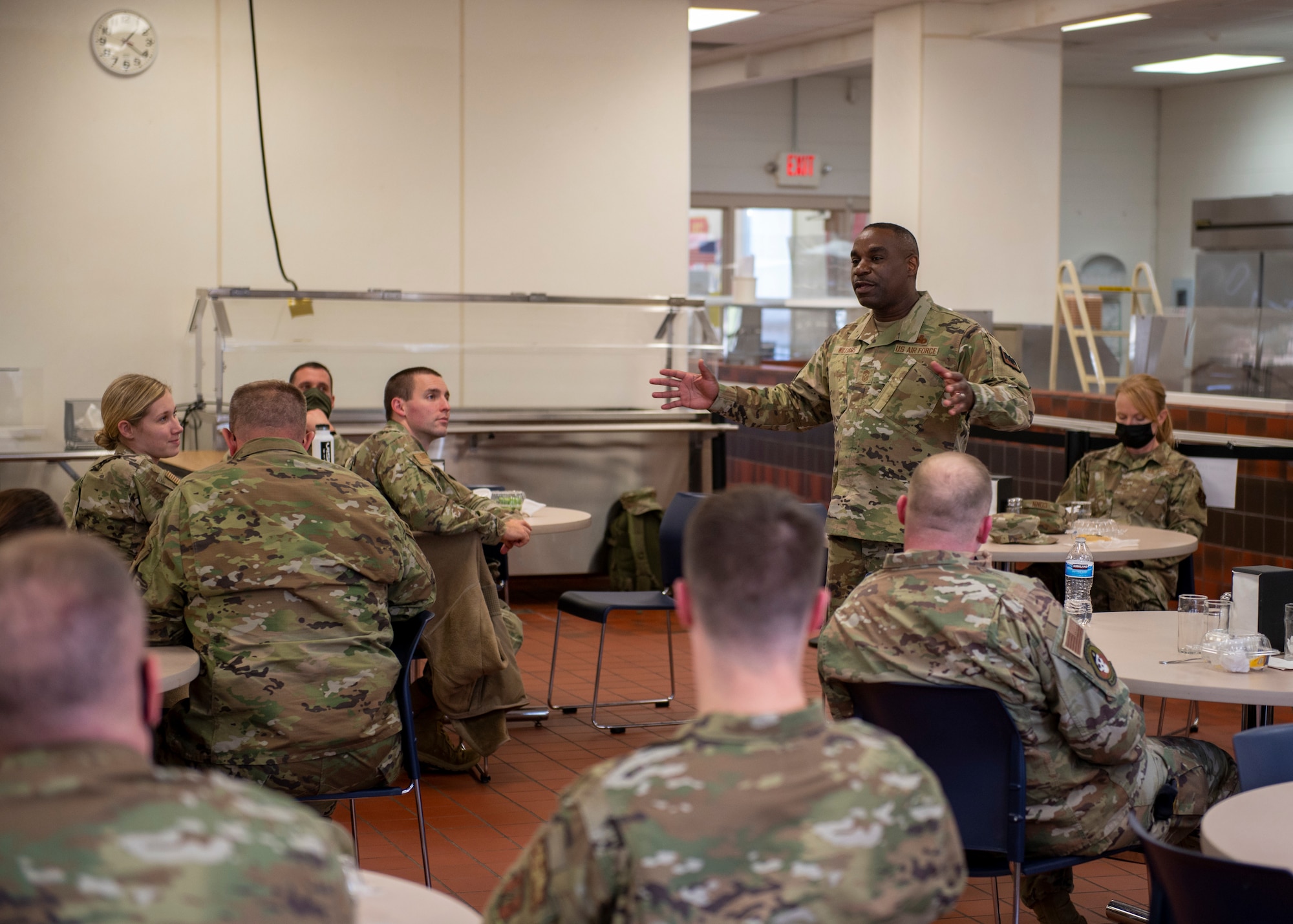 U.S. Air Force Chief Master Sgt. Maurice L. Williams, the Command Chief Master Sgt. of the Air National Guard, addresses Wisconsin Air National Guardsmen Nov. 4, 2021 during the State Enlisted Development Course held at Volk Field Air National Guard Base, Wisconsin. The week long course provides noncommisoned officers with knowledge and advice on how to be a successful Air Force leader. (U.S. Air National Guard photo by Staff Sgt. Cameron Lewis)