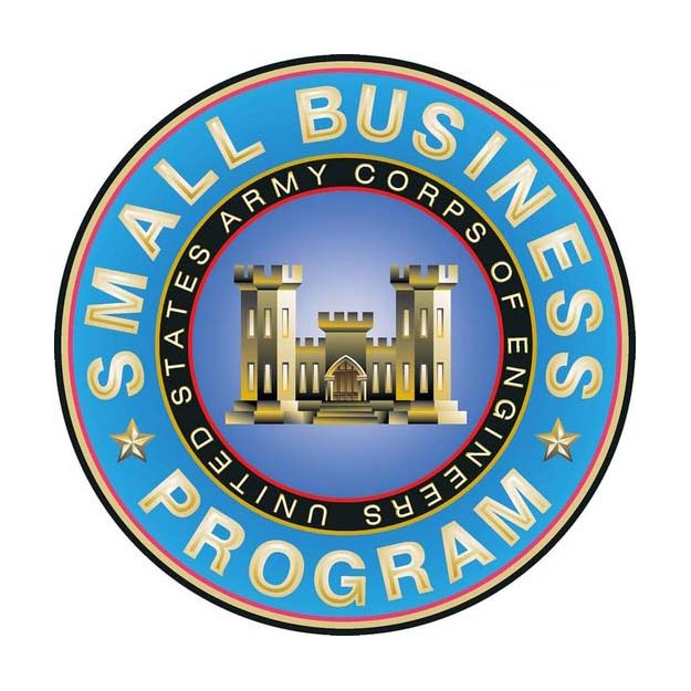 USACE Small Business program symbol. A disk with the United States Army Corps of Engineers' Traditional Castle surrounded by the words Small Business Program in gold on a light blue field. Inside that circle in gold on a black background are the words, U.S. Army Corps of Engineers.