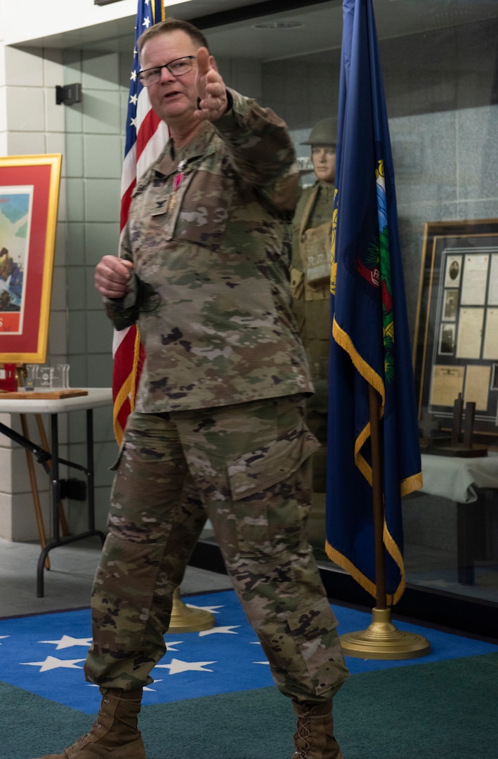Col. Randall Gates speaks at his retirement ceremony at Camp Johnson, Vermont, on Nov. 30, 2021. Gates, the Vermont National Guard's director of military support, served as an enlisted Soldier for 11 years and a commissioned officer for 27. (U.S. Army National Guard photo by Don Branum)