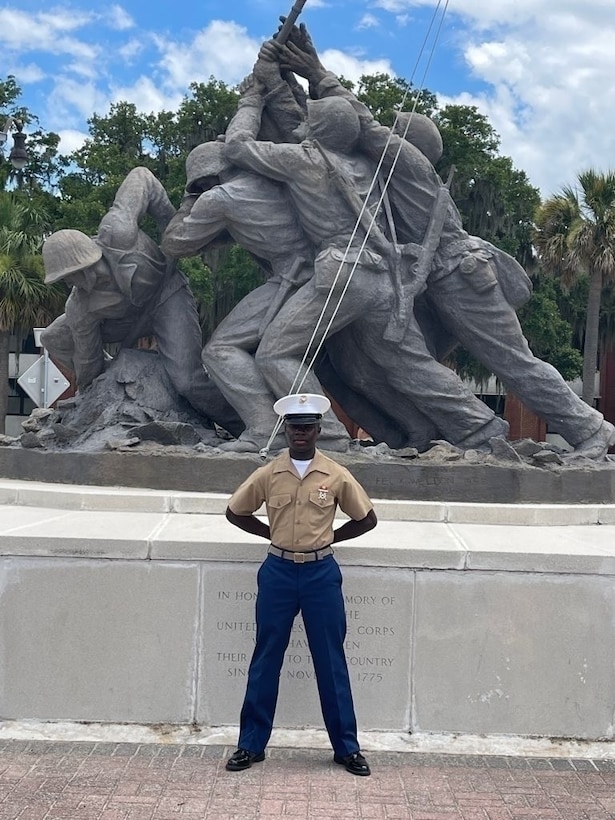 U.S. Marine Corps Pfc. Hans Akayni poses in front of the Iwo Jima Monument at Marine Corps Recruit Depot Parris Island, South Carolina, July 2, 2021.