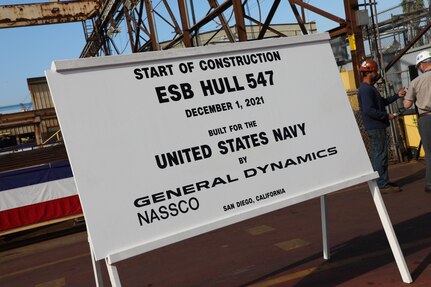 Construction started on the fifth Expeditionary Sea Base (ESB), the future USS Robert E. Simanek (ESB 7), at General Dynamics National Steel and Shipbuilding Company (GD-NASSCO) in San Diego during a small ceremony, Dec. 1.
