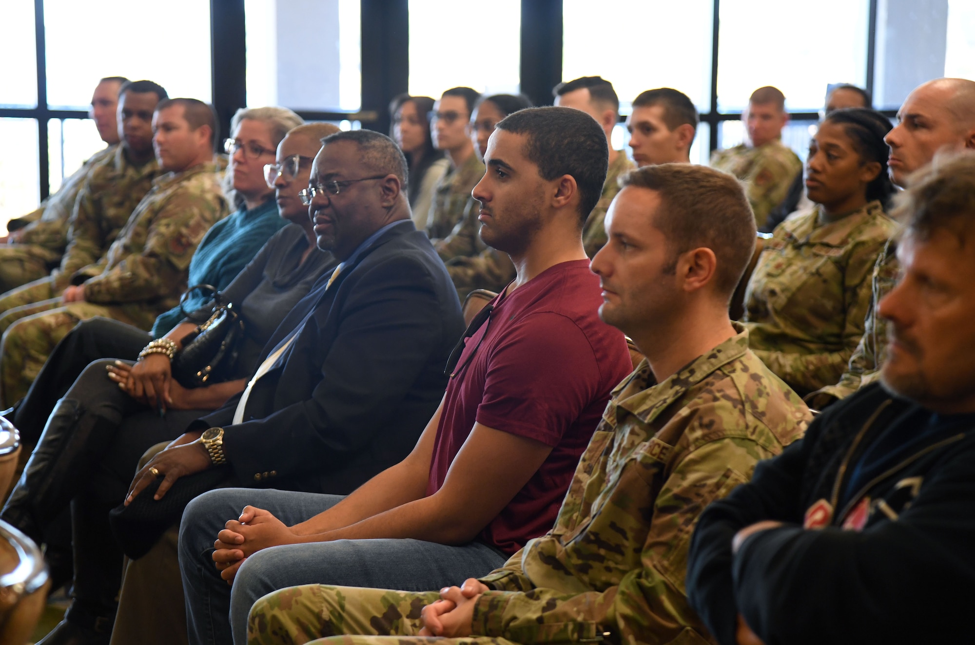 Keesler personnel attend a panel discussion held in recognition of National Native American Heritage Month inside the Bay Breeze Event Center at Keesler Air Force Base, Mississippi, Nov. 30, 2021. National Native American Heritage Month is celebrated throughout November by paying tribute to the ancestry and traditions of Native Americans. (U.S. Air Force Photo by Kemberly Groue)