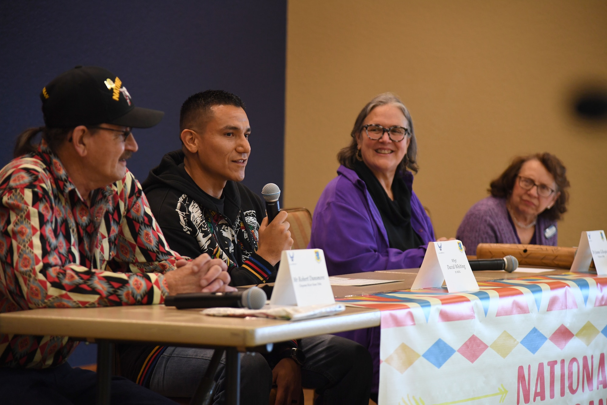 U.S. Air Force Master Sgt. David Whiting, 81st Diagnostic and Therapeutics Squadron diagnostic imaging section chief, participates in a panel discussion held in recognition of National Native American Heritage Month inside the Bay Breeze Event Center at Keesler Air Force Base, Mississippi, Nov. 30, 2021. National Native American Heritage Month is celebrated throughout November by paying tribute to the ancestry and traditions of Native Americans. (U.S. Air Force Photo by Kemberly Groue)