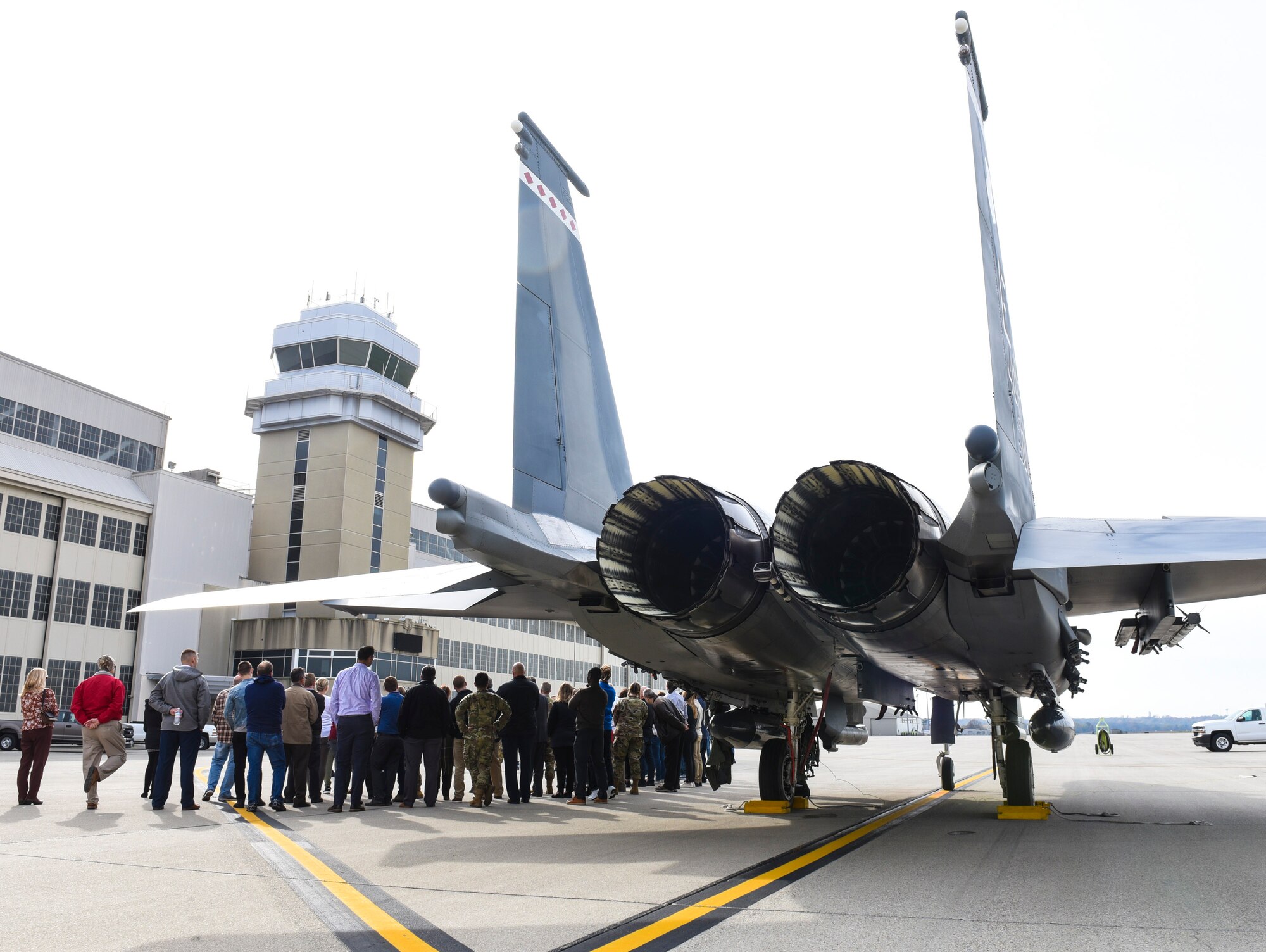 Members of the Air Force Life Cycle Management Center’s F-15EX Program team take an up-close look inside one of the jets they support during a visit to Wright-Patterson Air Force Base, Ohio, Nov. 9, 2021. The F-15EX visited Wright-Patt to give the team an opportunity to see the aircraft up close. (U.S. Air Force photo by Jaima Fogg)