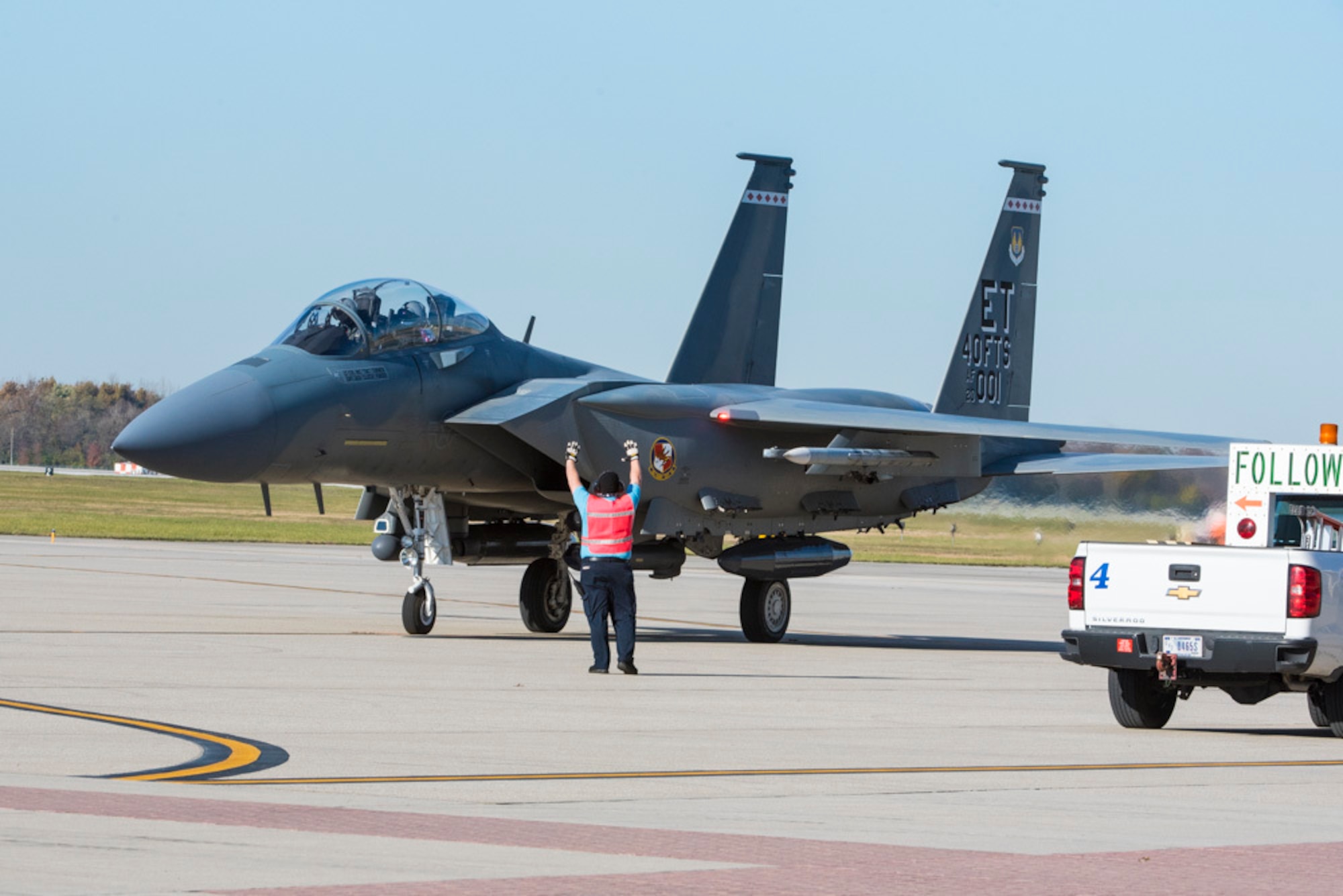 An F-15EX fighter jet taxis to its parking spot at Wright-Patterson Air Force Base, Ohio, Nov. 8, 2021. The jet visited Wright-Patt to give the Air Force Life Cycle Management Center’s F-15EX Program Team the opportunity to see the aircraft up close. (U.S. Air Force photo by Jaima Fogg)