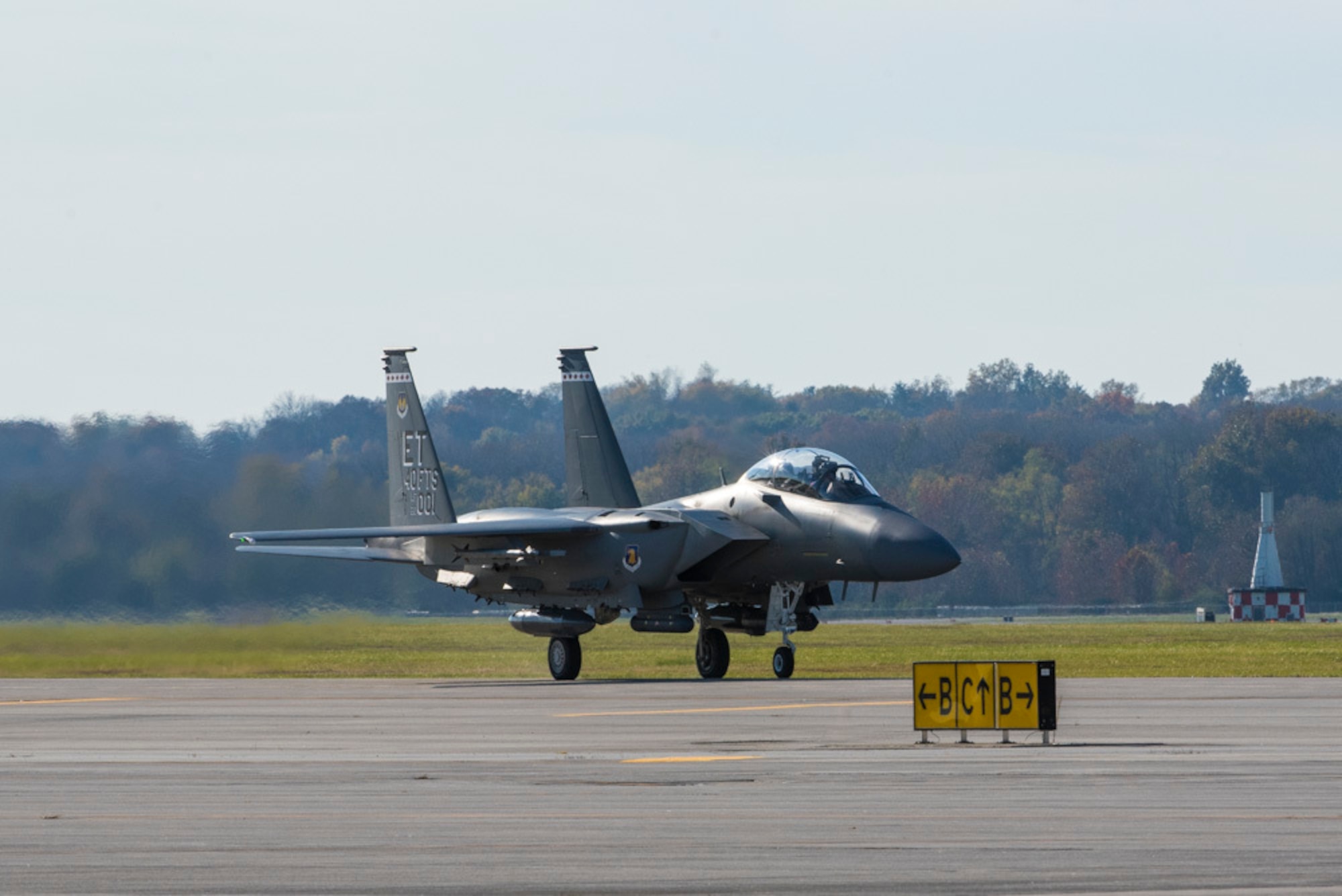 An F-15EX fighter jet taxis to its parking spot at Wright-Patterson Air Force Base, Ohio, Nov. 8, 2021. The jet visited Wright-Patt to give the Air Force Life Cycle Management Center’s F-15EX Program team the opportunity to see the aircraft up close. (U.S. Air Force photo by Jaima Fogg)