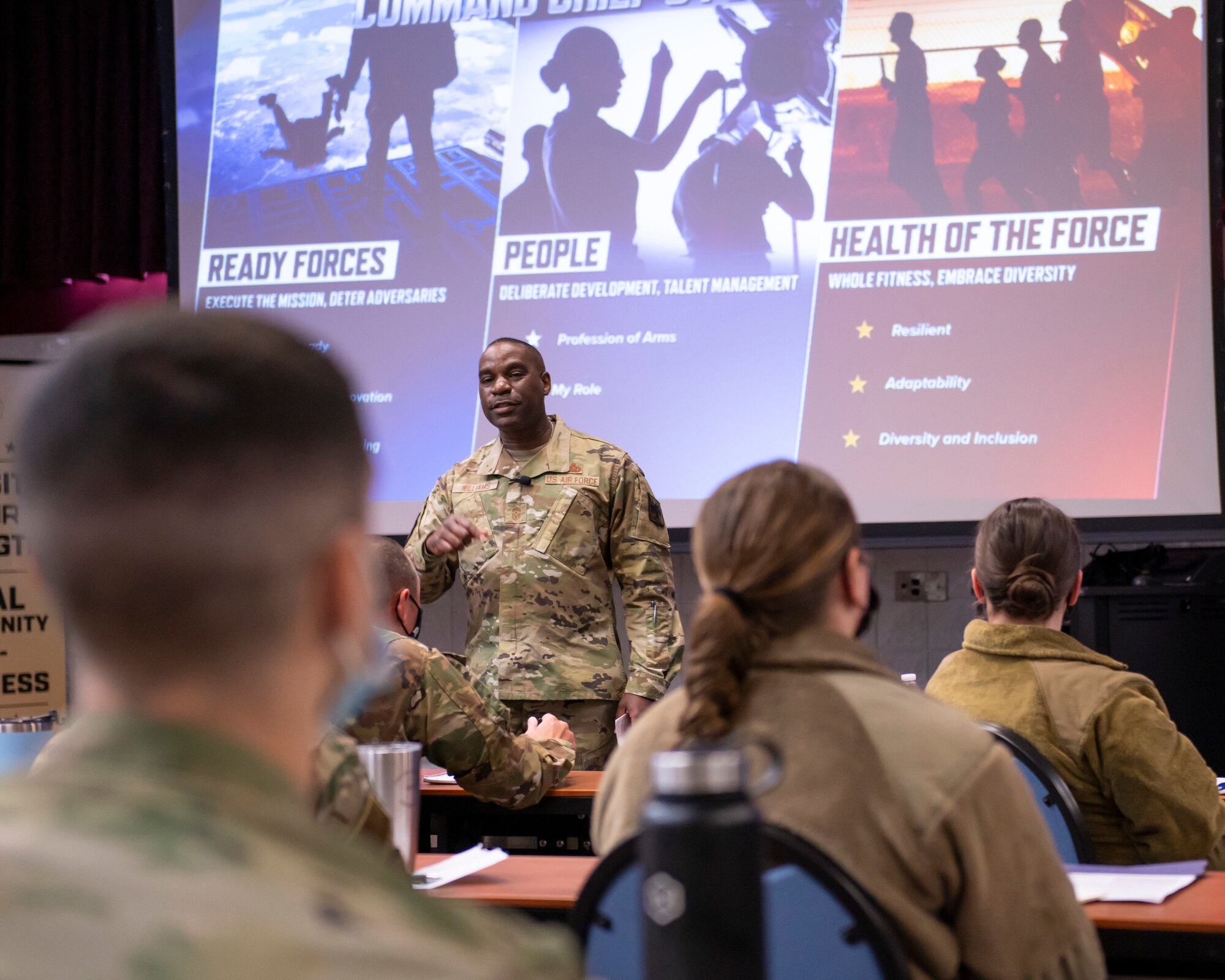 U.S. Air Force Chief Master Sgt. Maurice L. Williams, the command chief master sergeant of the Air National Guard, addresses Wisconsin Air National Guardsmen Nov. 4, 2021, during the State Enlisted Development Course at Volk Field Air National Guard Base, Wisconsin. The week-long course provides noncommissioned officers with knowledge and advice on how to be a successful Air Force leader.