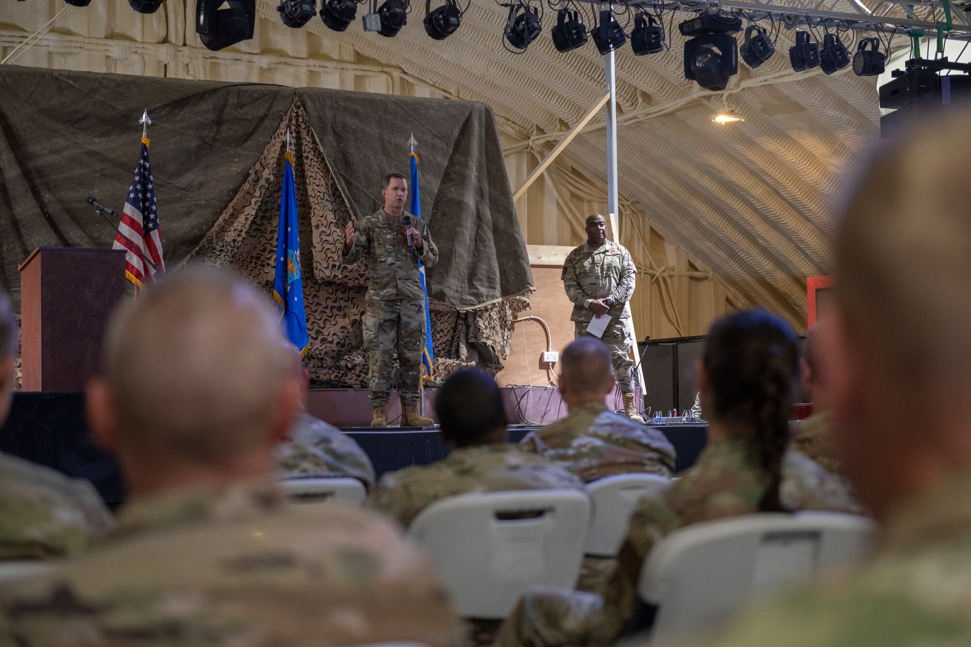U.S. Air Force Brig. Gen. Christopher Sage, 332nd Air Expeditionary Wing commander, speaks during a First Sergeant Symposium graduation.