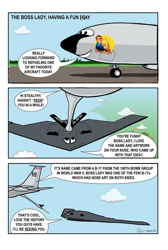 This Boss Lady cartoon, is a fun way of telling some history of the nose art from World War II and the connection with the 100th Air Refueling Wing today.