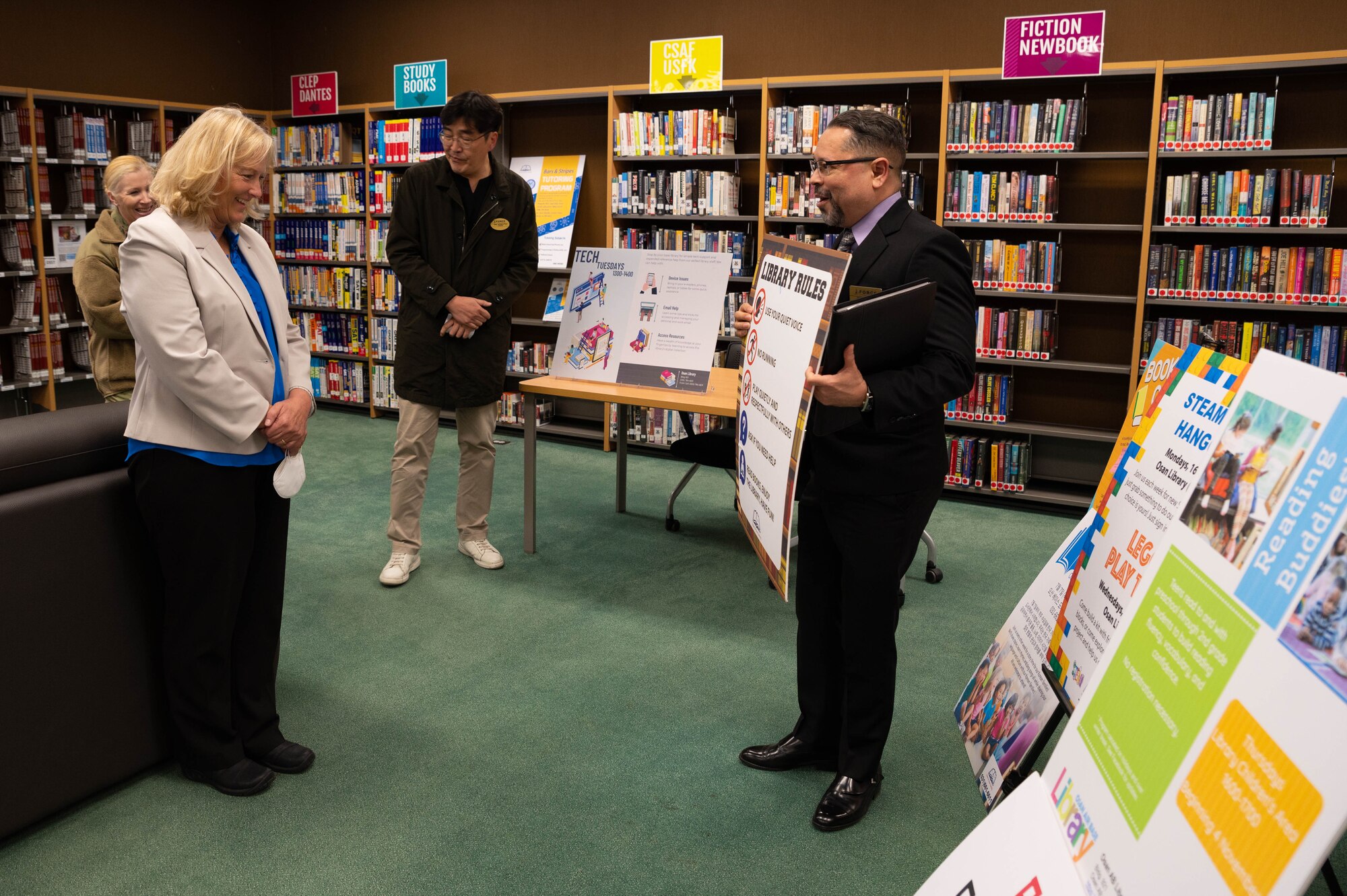 Mrs. Hollyanne Milley, spouse of Gen. Mark Milley, chairman of the Joint Chiefs of Staff, visits the newly renovated library at Osan