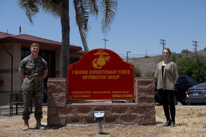 U.S. Marine Corps Capt. Christian Thiessen a student at  the Naval Postgraduate School and Dr. Britta Hale, a professor from NPS visit I Marine Expeditionary Force Information Group to conduct research on shortfalls of the fleet at Marine Corps Base Camp Pendleton, California, May 17, 2021. NPS provides its students with defense-focused studies in order to meet the needs and requirements of the units they support.