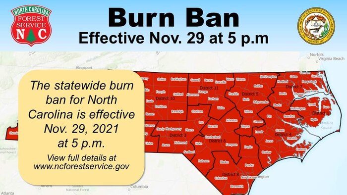 North Carolina Burn Ban, effective Nov. 29, 2021 at 5 p.m. until further notice.