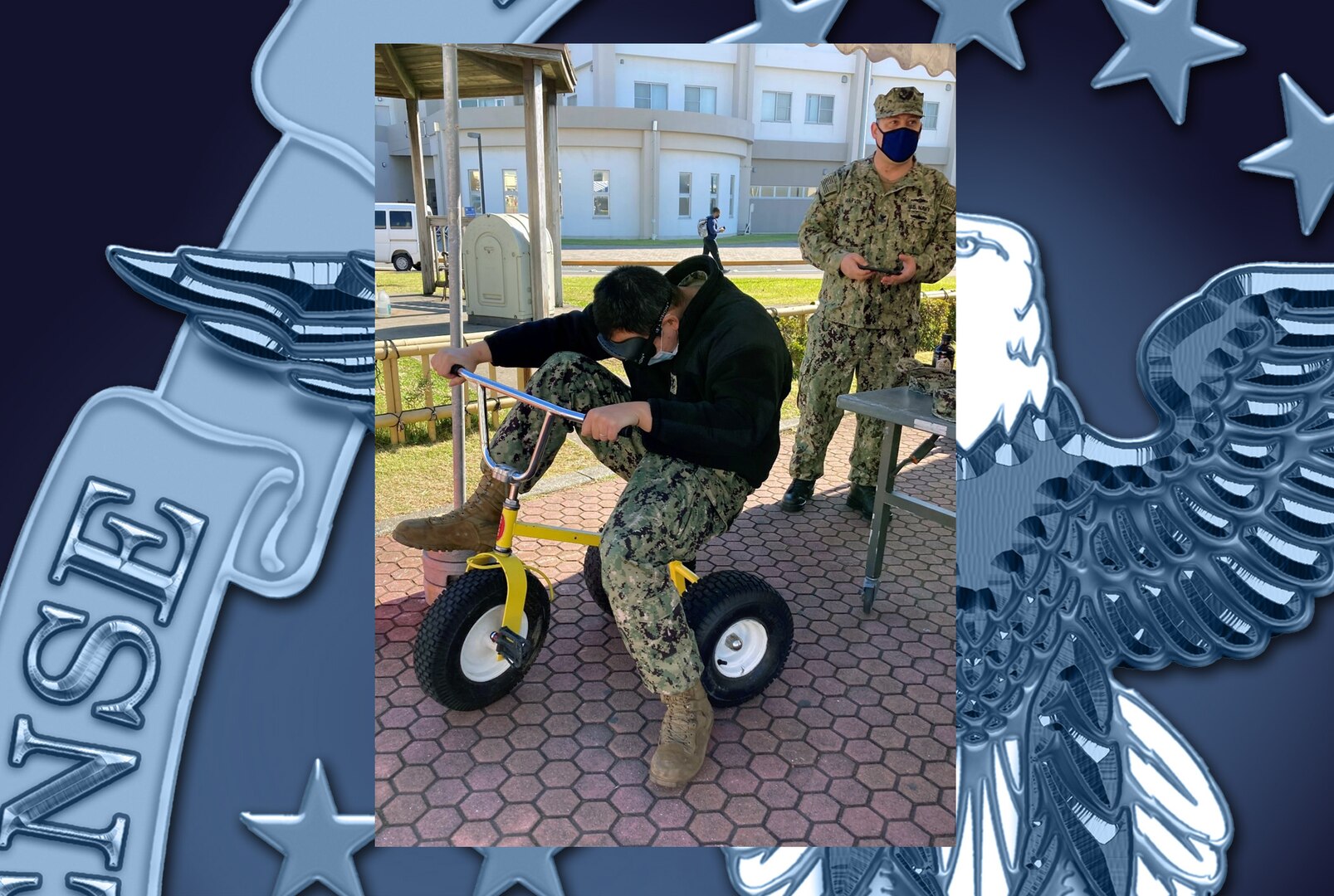 Sailor attempts to ride a tricycle while wearing drunk goggles.