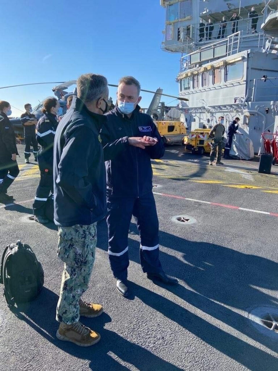 Adm. Robert Burke, Commander, U.S. Naval Forces Europe-Africa (NAVEUR-NAVAF) and Allied Joint Forces Command (JFC) Naples, visited the French aircraft carrier Charles de Gaulle (R 91) during the French exercise POLARIS 21, Dec. 2. 2021