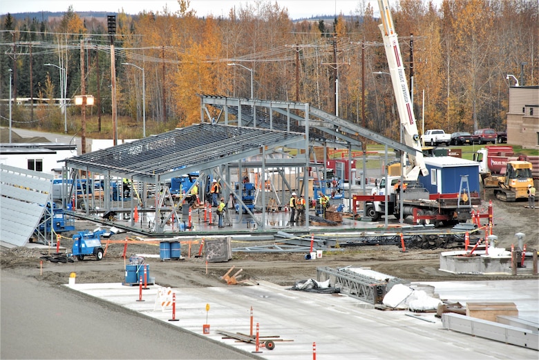 Workers engage in construction activities for a satellite dining facility on Sept. 20, 2019 at Eielson Air Force Base.