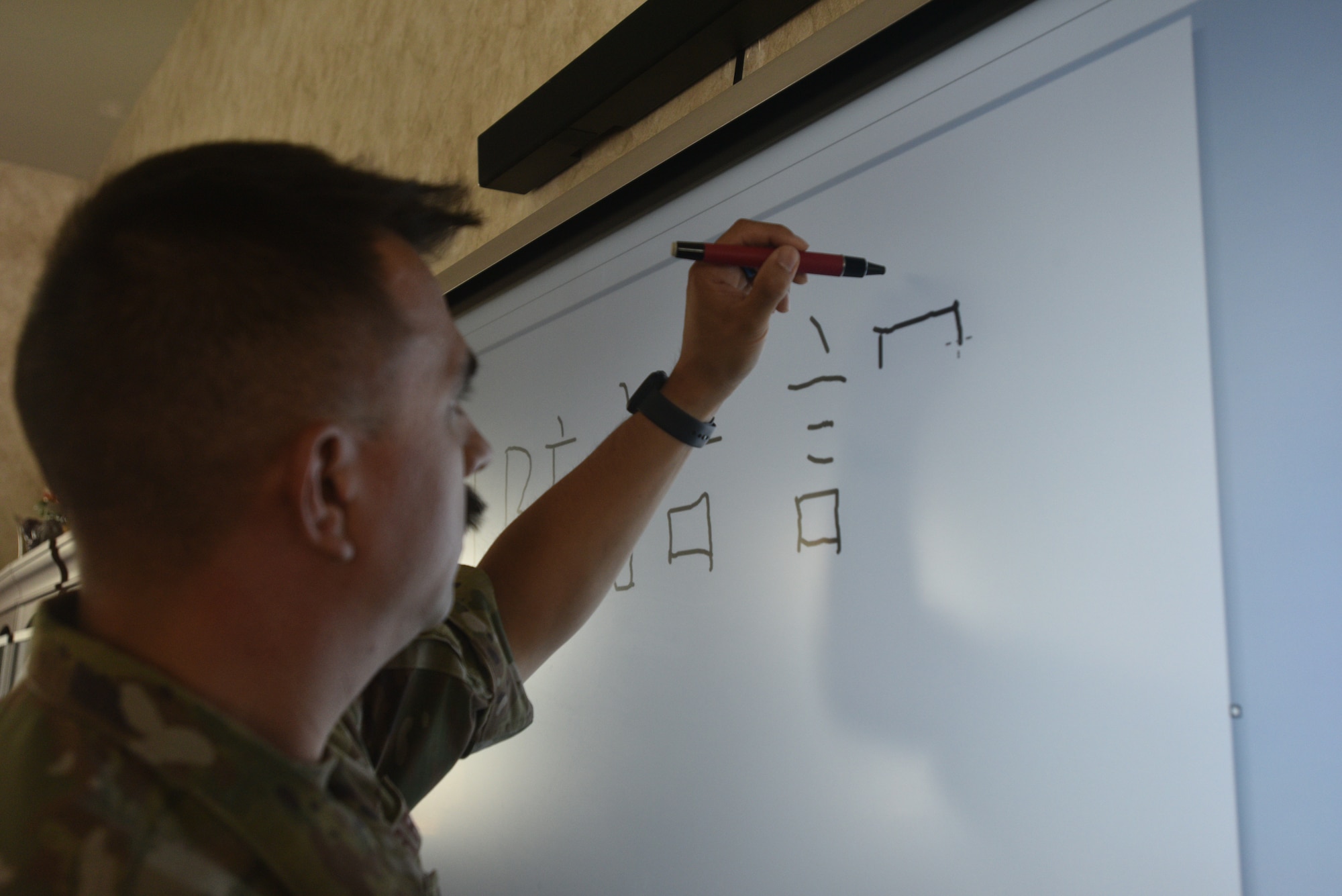 U.S. Air Force Staff Sgt. Uruwishi Holzhausen, 314th Training Squadron military language instructor, writes in Chinese mandarin on the Presidio of Monterey, California, July 21, 2021. Holzhausen spent a total of 80 weeks in class as an Airmen to learn the Chinese mandarin language. (U.S. Air Force photo by Senior Airman Ashley Thrash)
