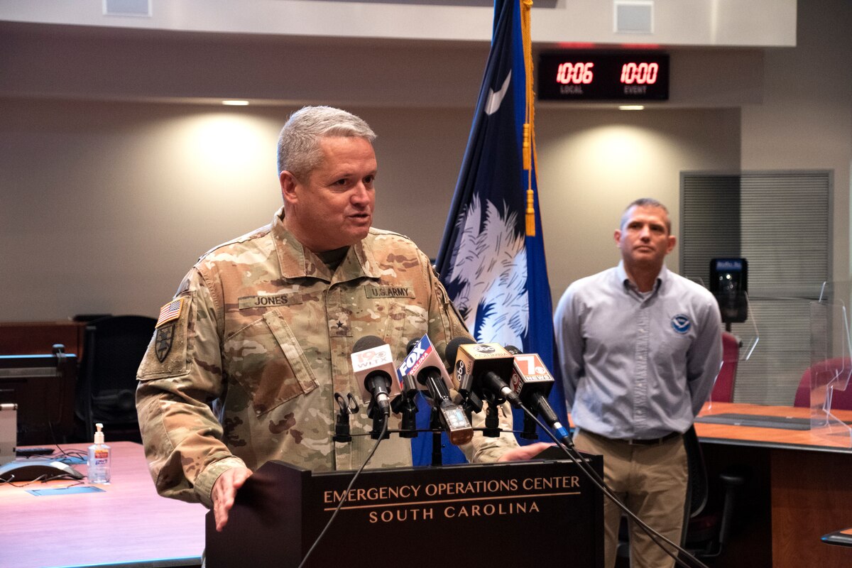 U.S. Army Brig. Gen. Jeffrey Jones, deputy adjutant general for South Carolina, speaks to reporters during a Severe Winter Weather Preparation Week press conference, Nov. 30, 2021, at the South Carolina Emergency Management Division in West Columbia, South Carolina. The week is an opportunity for state and local agencies and emergency responders to assess their abilities to respond to potential severe winter weather and encourage South Carolina citizens to assess their own preparedness and make necessary changes and improvements. The South Carolina National Guard is trained, ready and prepared to respond to requests from state and local agencies to react and respond if an emergency arises. (U.S. Army National Guard photo by Staff Sgt. Brad Mincey, South Carolina National Guard)