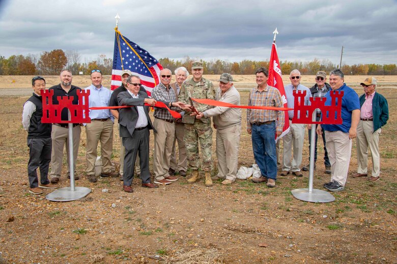 IN THE PHOTO, District Commander Col. Zachary Miller, district leadership, and the project delivery team met with project partners in Ridgely, Tennessee, for a ribbon-cutting ceremony. The celebratory event was held to acknowledge the completion of an essential levee restoration and berm construction project. (USACE Photo by Vance Harris)