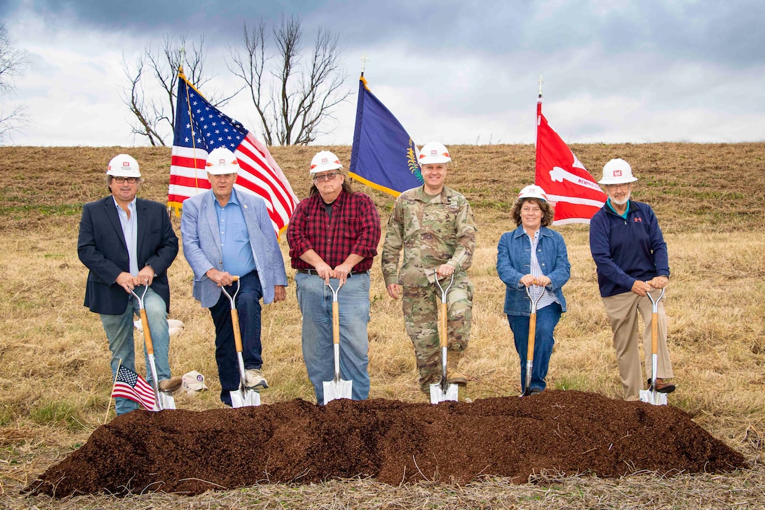 IN THE PHOTO, District Commander Col. Zachary Miller, district leadership, and the project delivery team met with the project partner, Fulton County Board of Levee Commissioners, in Hickman, Kentucky, for a groundbreaking to celebrate the start of a seepage remediation project. (USACE Photo by Vance Harris)