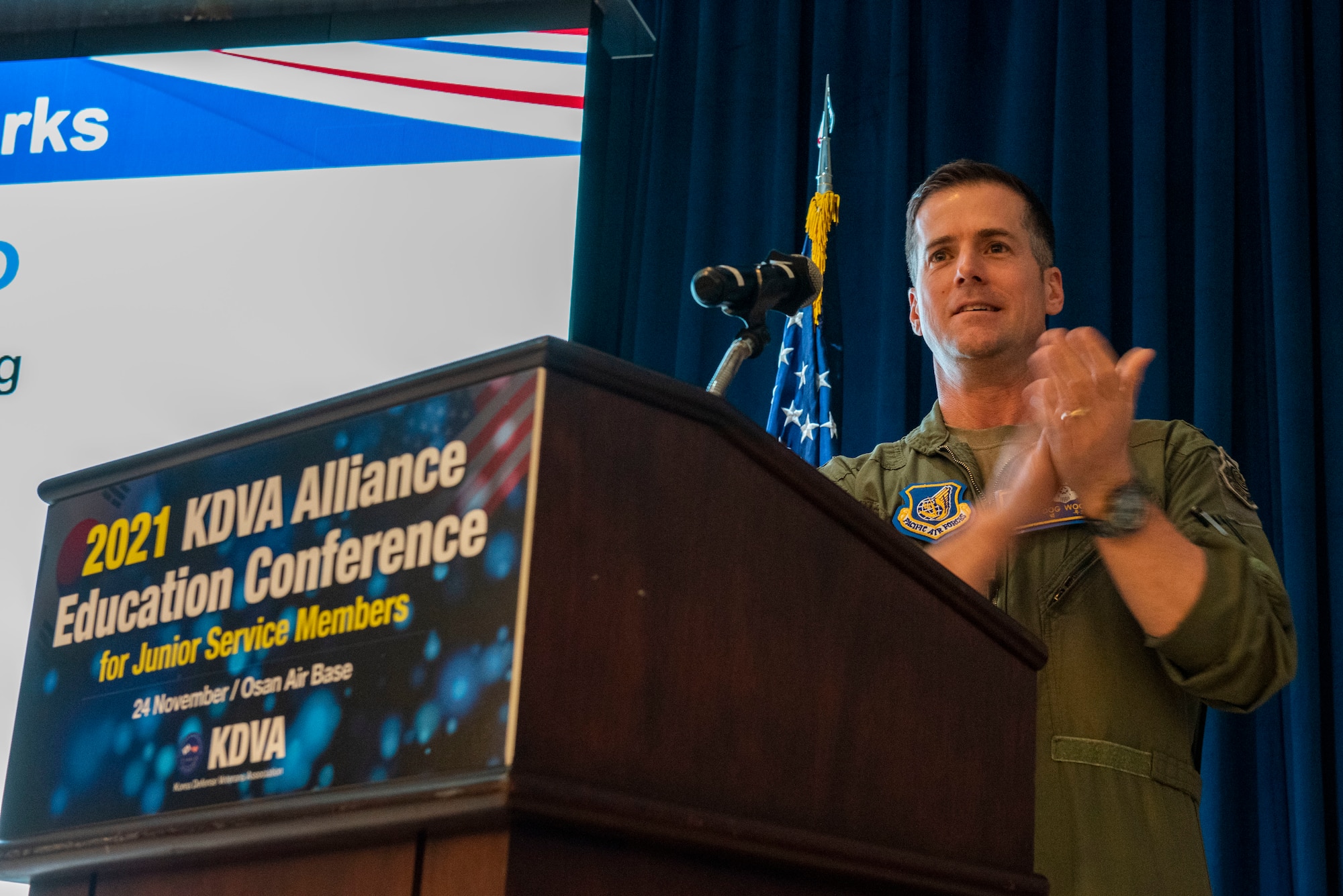 Col. Joshua Wood, 51st Fighter Wing commander, expounds on updates regarding the status of the Republic of Korea and United States alliance during Korean Defense Veterans Association Alliance Education Conference