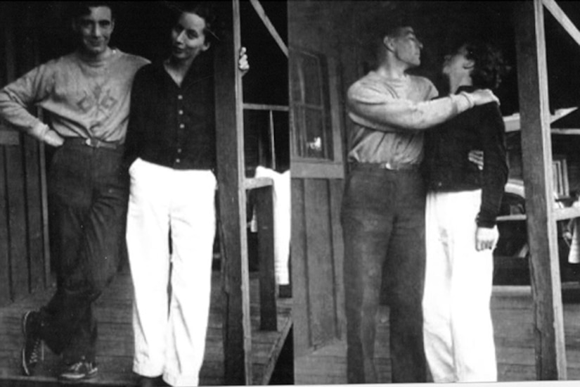 Two side-by-side photos show a couple on a porch with their arms around each other.