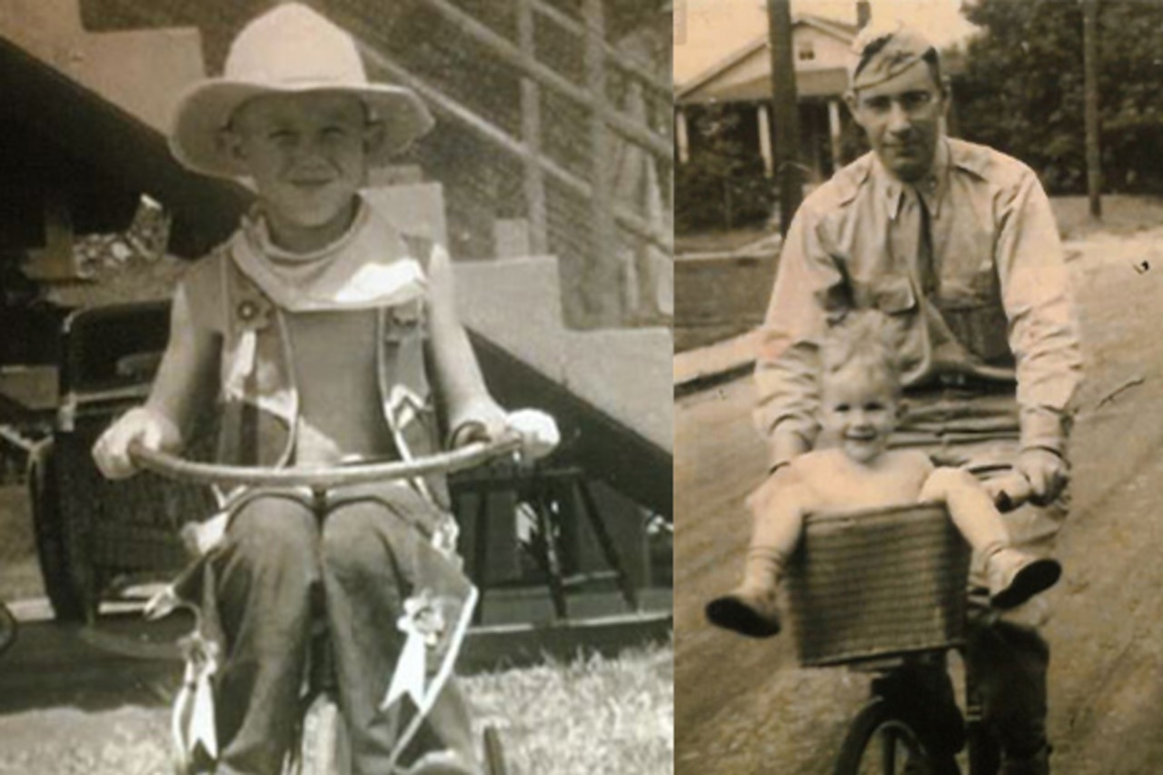 Side-by-side photos show a small boy riding a bike and the same boy in the front basket of a bike ridden by a man.