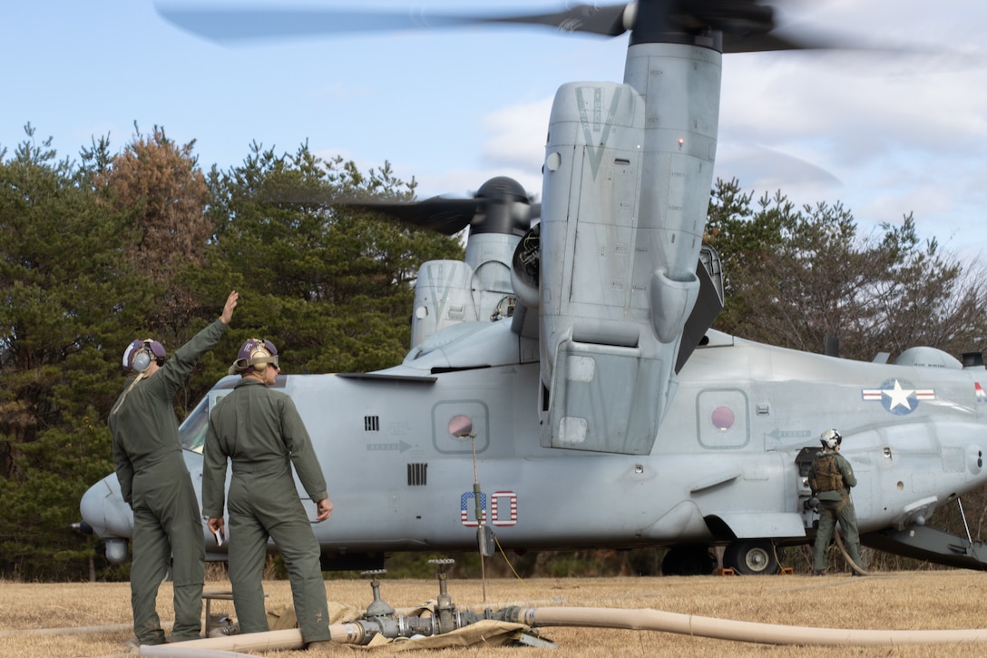 U.S. Marines with Marine Wing Support Squadron 172 refuel an MV-22B Osprey at a forward arming and refueling point in preparation for exercise Resolute Dragon 21, Dec. 3, 2021 at Ojojihara Proving Grounds, Japan. RD21 is the largest bilateral field training exercise between the U.S. Marine Corps and Japan Self-Defense Force in 2021. RD21 is designed to strengthen the defensive capabilities of the U.S.-Japan Alliance by exercising integrated command and control, targeting, combined arms, and maneuver across multiple domains.