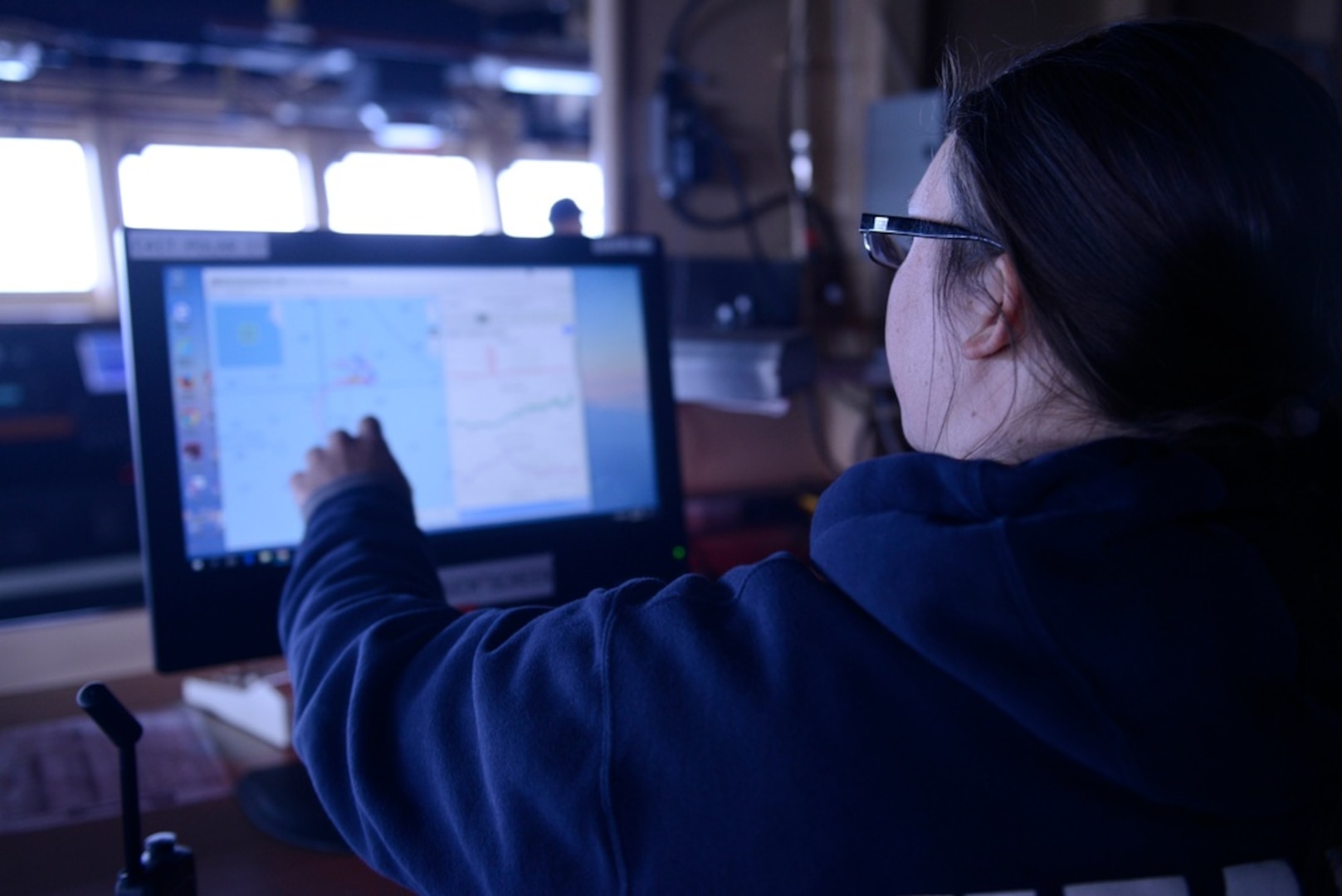 Jessica Cross, a research oceanographer with the National Oceanic and Atmospheric Administration​ Pacific Marine Environmental Laboratory, shows the course of an unmanned wind-propelled and solar-powered surface vehicle Tuesday, Aug. 29, 2017, from a computer on the bridge of the Coast Guard Cutter Healy as the crew transits the southern Chukchi Sea.

This is one of two sailing drones Cross is in charge of, and while aboard the Healy, she and the crew rendezvoused with both vehicles so that Cross could calibrate specific instrumentation by comparing location data samples with what the sensors aboard the vehicles were reading.

U.S. Coast Guard photo by Petty Officer 3rd Class Amanda Norcross