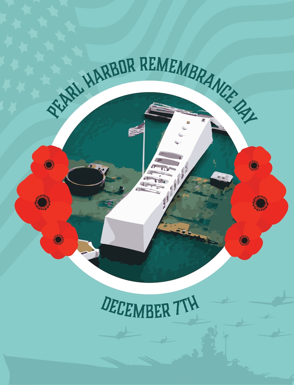 Graphic showing USS Arizona Memorial in a circular inset with red poppies bordering it.
