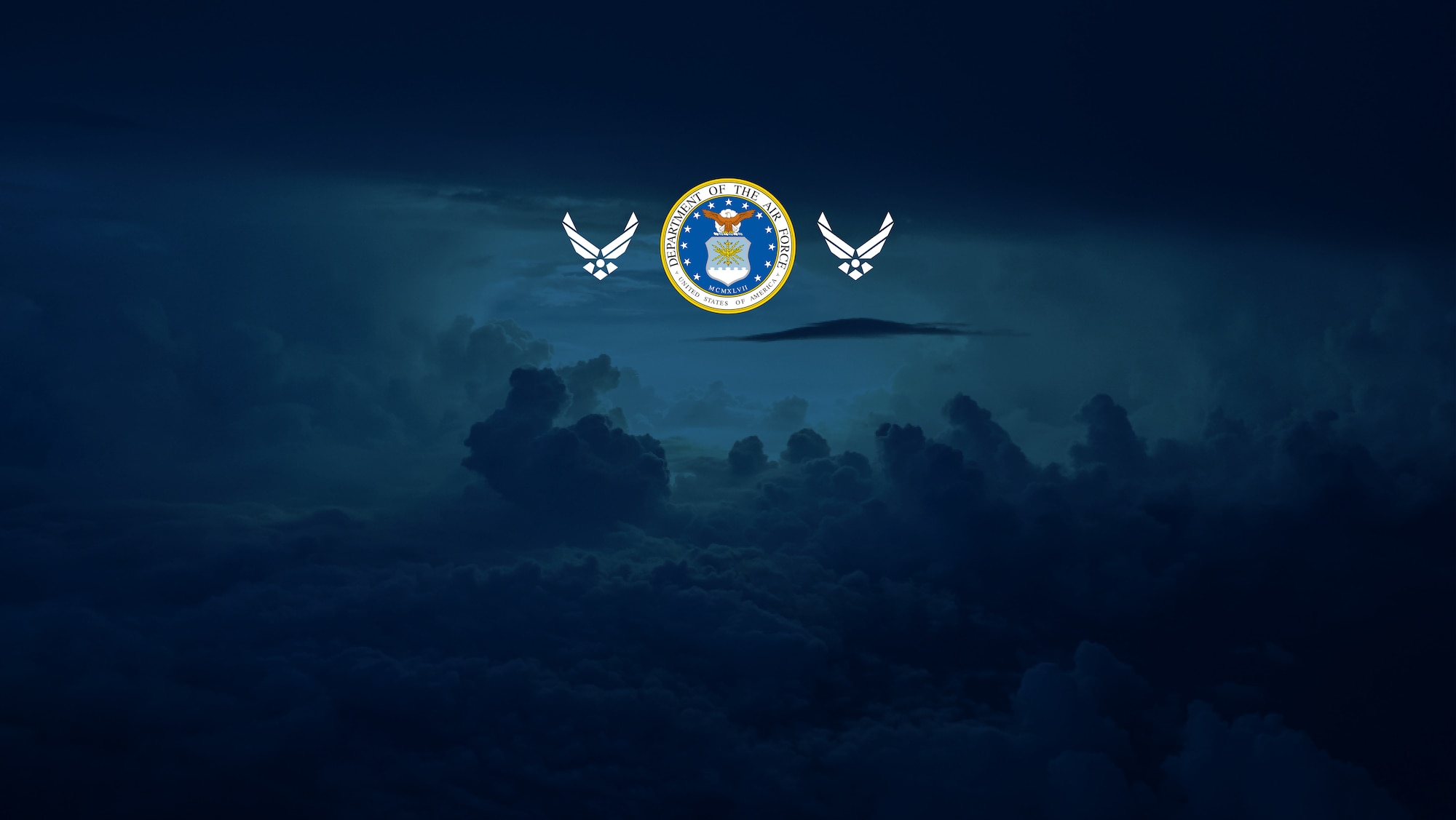 Dept of Air Force logo and Air Force symbol on dark blue cloudy background