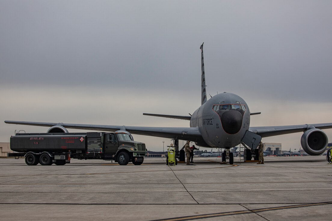 Members from the 108th Operations Group, 108th Maintenance Group and 108th Logistics Readiness Squadron perform their first hot refueling of a KC-135R Stratotanker on Nov. 30, 2021.