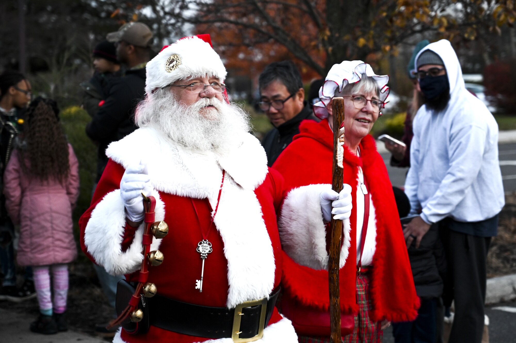 Mr. and Mrs. Claus arrive during the Christmas Tree Lighting Ceremony held at Wurman Hall on Army Support Activity Dix, N.J., Dec 1, 2021. The annual tradition attended by leadership and JB MDL families offered horse-drawn carriage rides, hot chocolate, cookies, funnel cake, pretzels, kettle corn and a special visit from the North Pole. (U.S. Air Force photo by SrA Matt Porter)