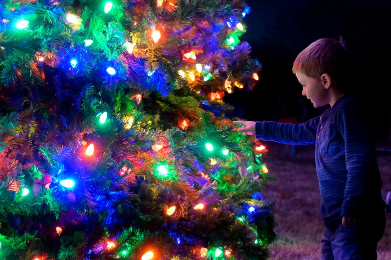 A child admires a holiday tree