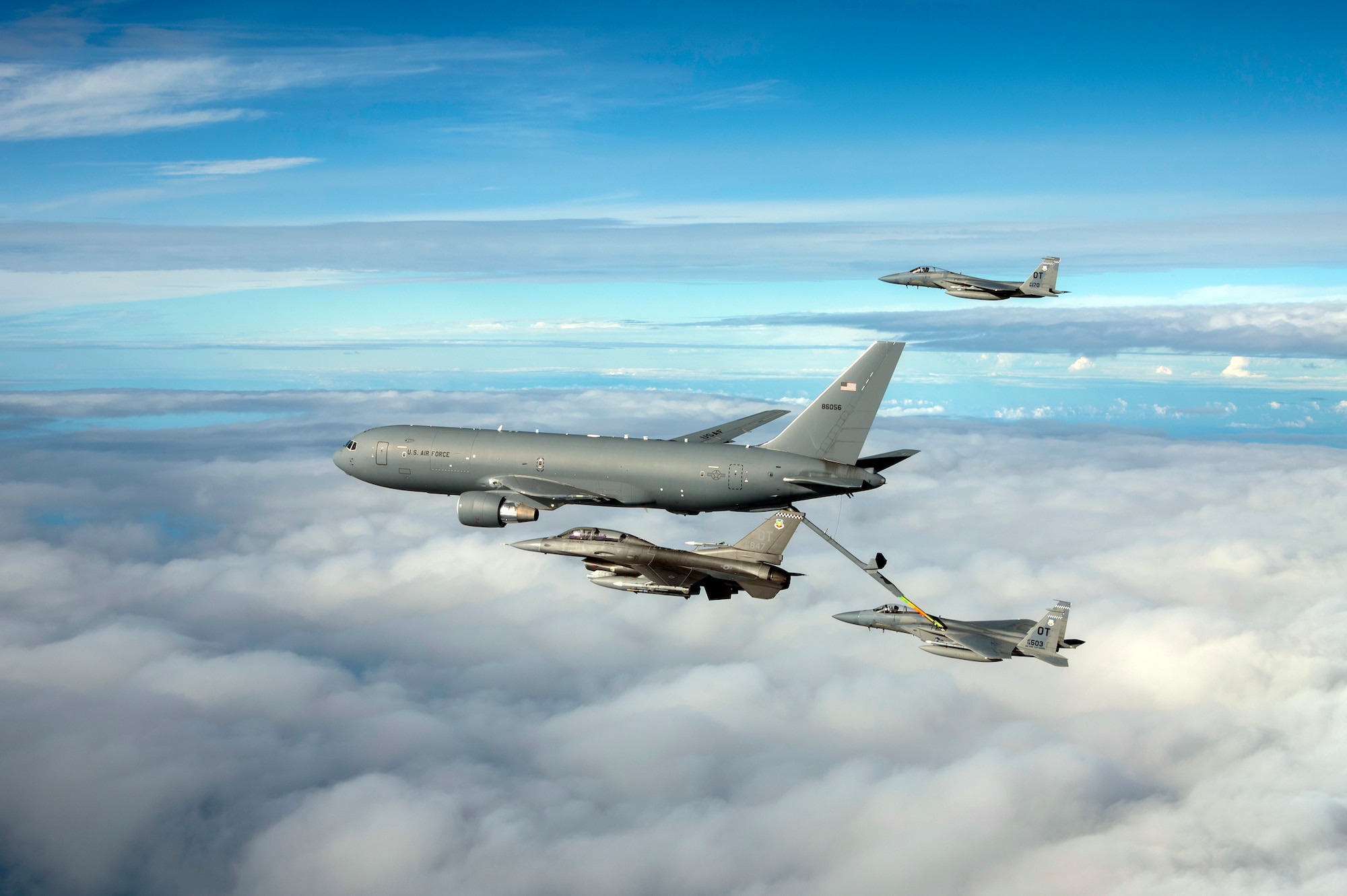 A KC-46 Pegasus refuels an F-15C Eagle