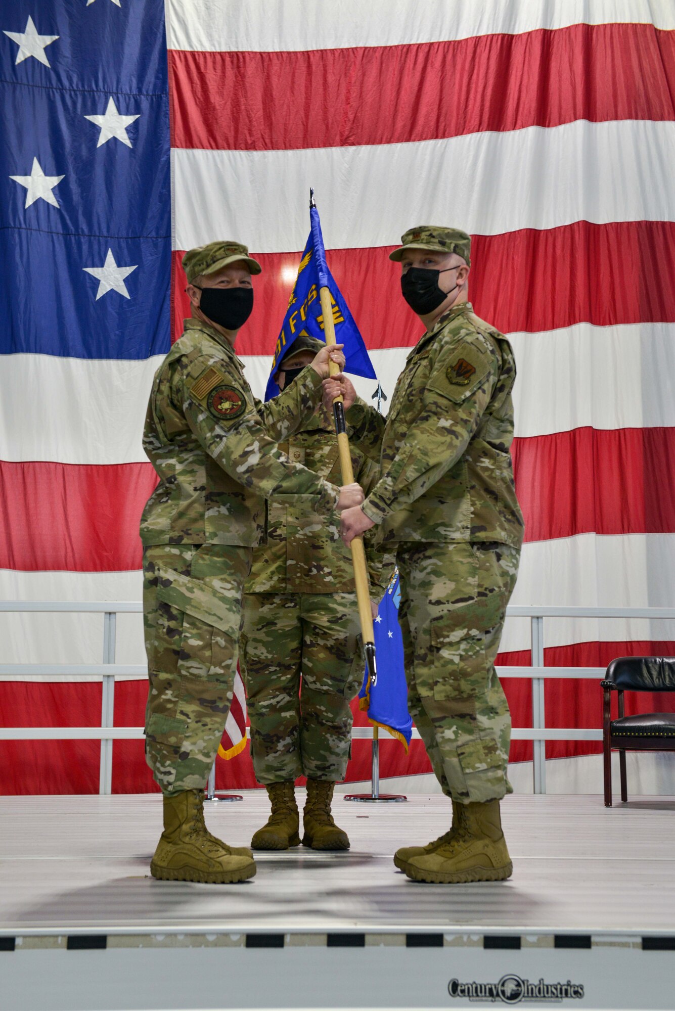 U.S. Air Force Maj. Jeremy Geidel (right), 391st Fighter Generation Squadron, assumes command from Col. Ernesto DiVittorio (left), 366th Fighter Wing commander, of the 391st Fighter Generation Squadron on Mountain Home Air Force Base, Idaho, Dec. 3, 2021. The activation of the 391st FGS brings the 366th Fighter Wing in line with Air Combat Command’s Combat Oriented Maintenance Organization model.