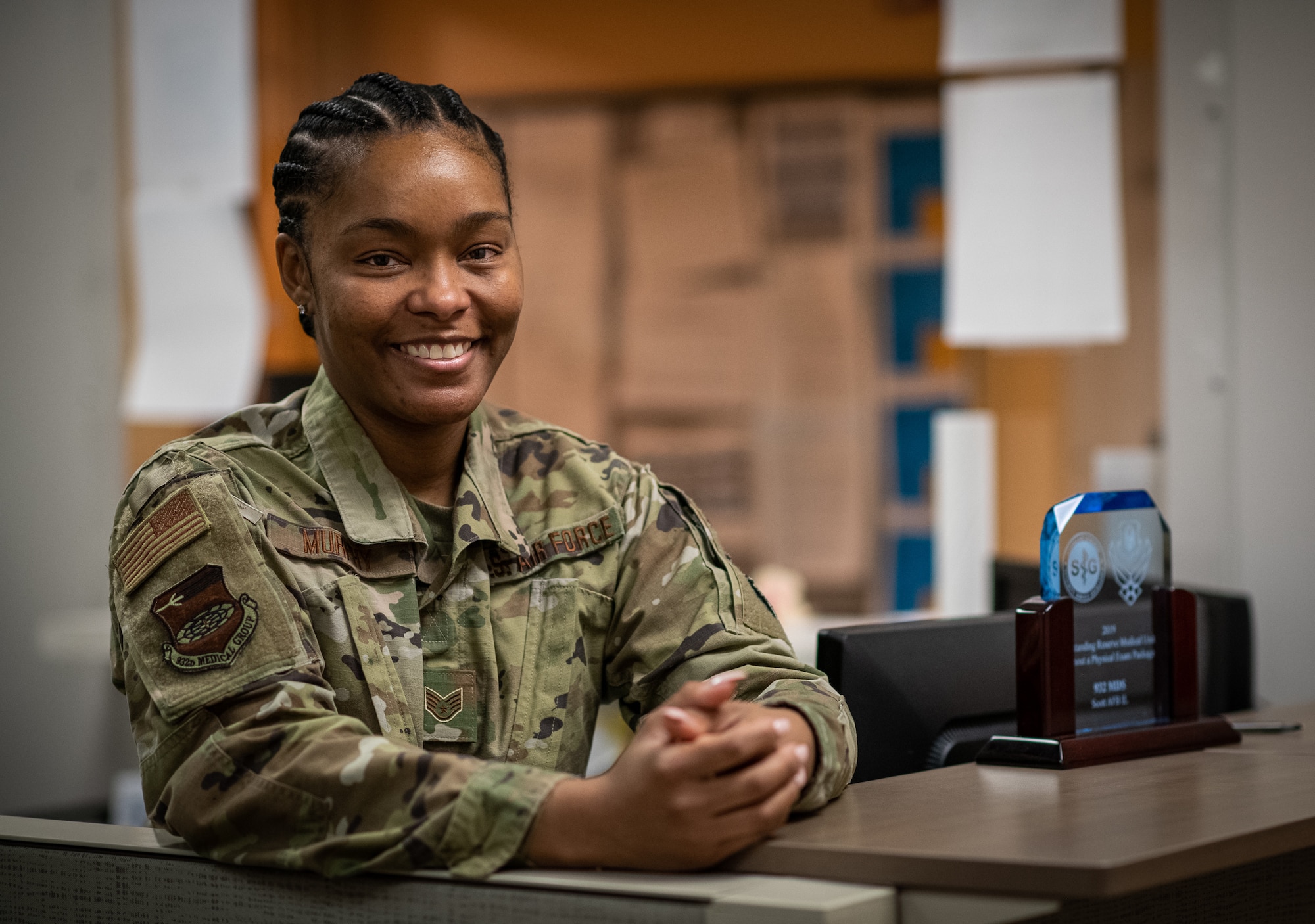 Staff Sgt. Margie Murphy, a 932nd Medical Squadron health services management technician, loves that working in the 932nd MDS allows here to interact with interesting people in the squadron.  "My duties are geared to helping Airman with orders, travel vouchers and attendance schedules," said Murphy. (U.S. Air Force photo by Christopher Parr)