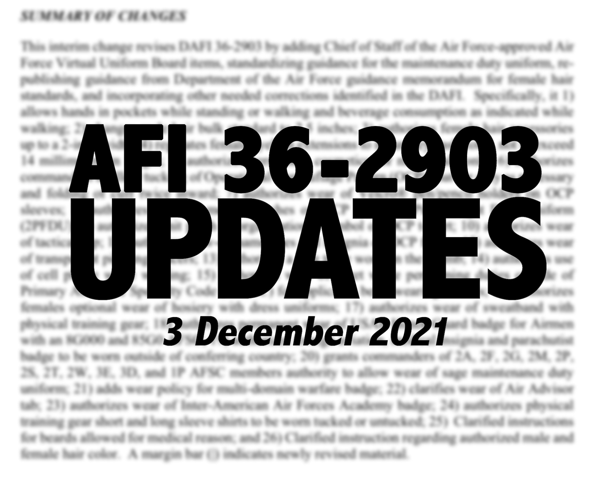 The text "AFI 36-2903 UPDATES"  in bold, "3 December 2021" in italics, against a background of a blurred paragraph of text.