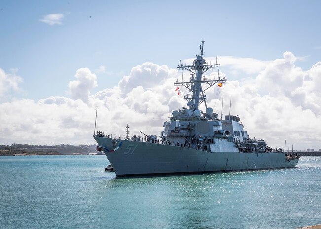 The Arleigh Burke-class guided-missile destroyer, USS Arleigh Burke (DDG 51), arrives at Naval Station (NAVSTA) Rota, Apr. 11, 2021. Arleigh Burke’s arrival marked the completion of her homeport shift to NAVSTA Rota from Naval Station Norfolk.
