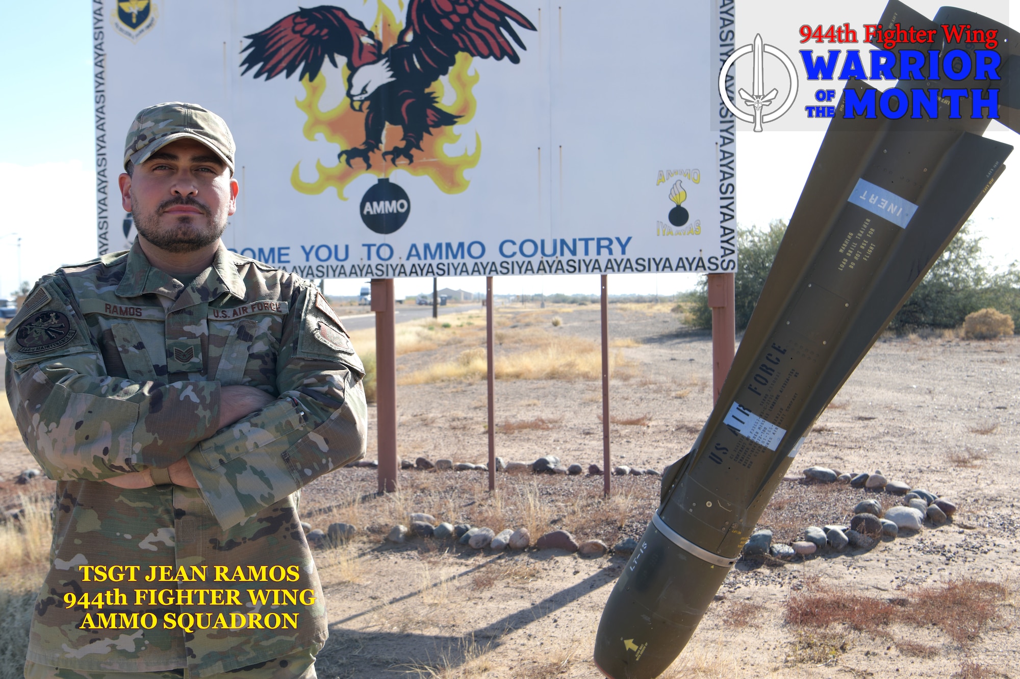 Reserve Citizen Airman Technical Sgt. Jean Ramos, 944th Maintenance Squadron, Munitions Stockpile Management Non-commissioned officer-in-charge poses for a photo after being recognized at the 944th Fighter Wing Warrior of the Month for December 4, 2021. Ramos was recognized his actions as a Quality Assurance Augmentee within the 56th MXG. His hard work facilitated 47 Maintenance Standardization and Evaluation Program inspections, obtaining a 98% pass rate for the Maintenance Group. (U.S. Air Force Photo/Senior Airman Alexis Orozco)