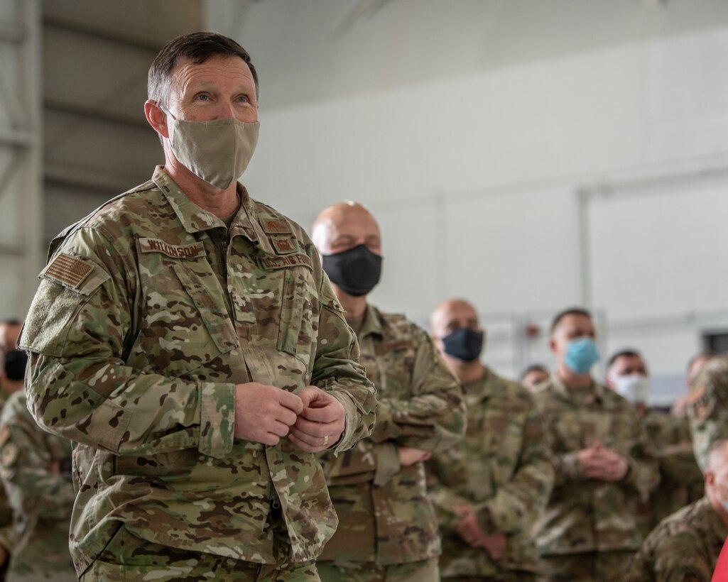 Brig. Gen. Jeffrey Wilkinson, Kentucky’s assistant adjutant general for Air, joins hundreds of Airmen from the Kentucky Air National Guard for a ceremony celebrating the 123rd Airlift Wing’s fifth Curtis N. “Rusty” Metcalf Trophy at the Kentucky Air National Guard Base in Louisville, Ky., Dec. 5, 2021. Bestowed annually by the National Guard Association of the United States, the trophy recognizes the airlift or air refueling unit that demonstrates the highest standards of mission accomplishment. (U.S. Air National Guard photo by Tech. Sgt. Joshua Horton)