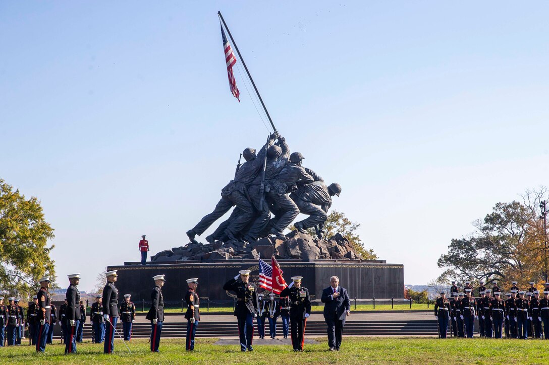 U.S. Marines with Marine Barracks Washington conduct a wreath laying ceremony held at the Marine Corps War Memorial, Arlington, Virginia, Nov. 10, 2021. The ceremony was held to celebrate the Marine Corps’ 246th birthday. The guest of honor was Secretary of the Navy Carlos Del Toro. (U.S. Marine Corps photo by Sgt. Victoria Ross)