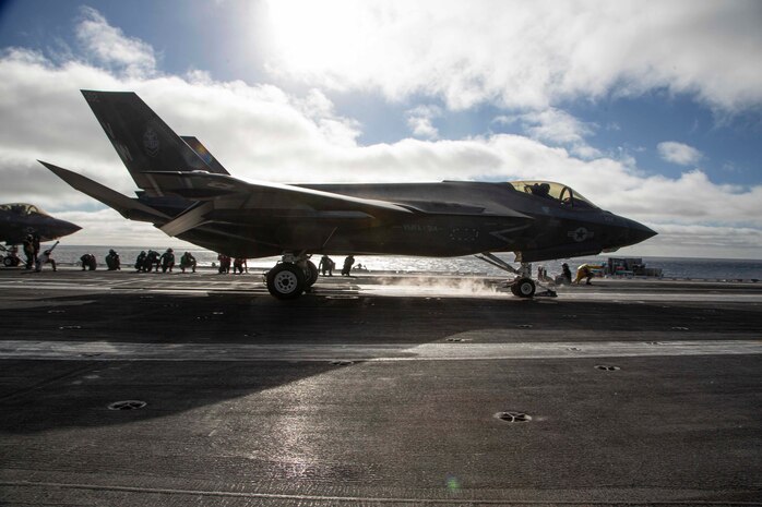 An F-35C Lightning II, assigned to Marine Wing Fighter Attack Squadron (VMFA) 314, launches from the flight deck of the aircraft carrier USS Abraham Lincoln (CVN 72).  Abraham Lincoln is underway conducting routine operations in the U.S. 3rd Fleet.