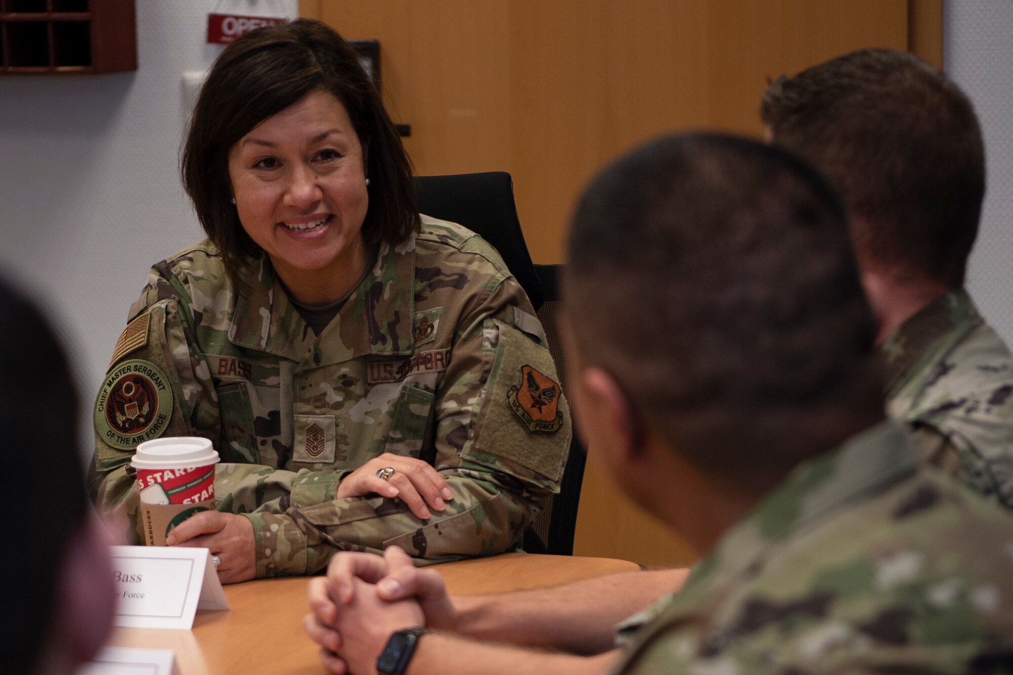 Chief Master Sgt. of the Air Force JoAnne S. Bass speaks with innovation Airmen from the 52nd Fighter Wing, Dec. 2, 2021, on Spangdahlem Air Base, Germany. During her visit to the 52nd Fighter Wing, Bass met with and learned from Airmen, experiencing Saber Nation’s mission firsthand, and shared her thoughts and vision toward her three focus areas of people, readiness and culture. (U.S. Air Force photo by Staff Sgt. Melody W. Howley)